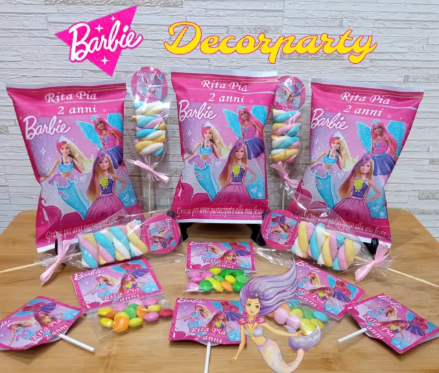 Barbie Kit Festa Personalizzato Compleanno Patatine Lecca  Marshmallows Smarties