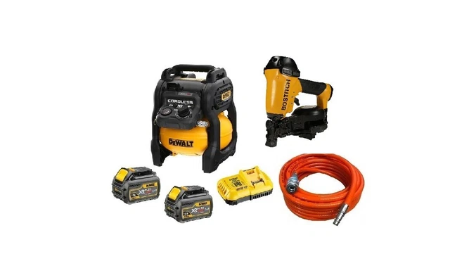 DeWALT 54V XR FLEXVOLT COMPRESSOR WITH BOSTITCH RN46 ROOFING NAILER AND AIR HOSE