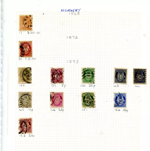 19th CENTURY NORWAY STAMPS.  LIGHTLY HINGED ON A STAMP ALBUM PAGE.  12 STAMPS