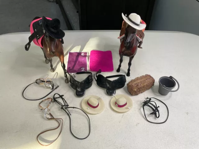 Breyer Horse Lot Of 2 with Accessories Saddles Bridles Cowboy Hats Bucket etc