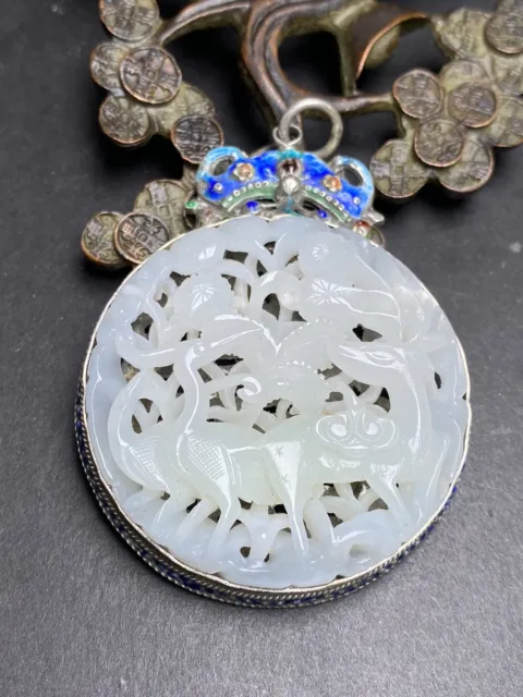 Chinese Exquisite Handmade Silver Inlaid Hetian Jade Pine deer crane Pendant