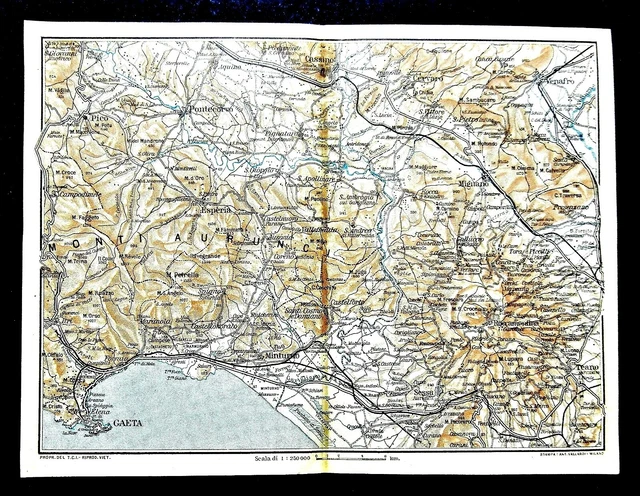 1909 MAPPA GEO-TOPOGRAFICA.VIAGGIO DA ROMA A NAPOLI..PER GAETA..FORMIA ...
