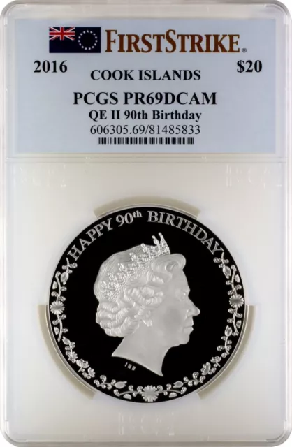 2016 $20 Cook Islands Silver 90th Birthday QE II 3oz. PCGS PR69DCAM First Strike