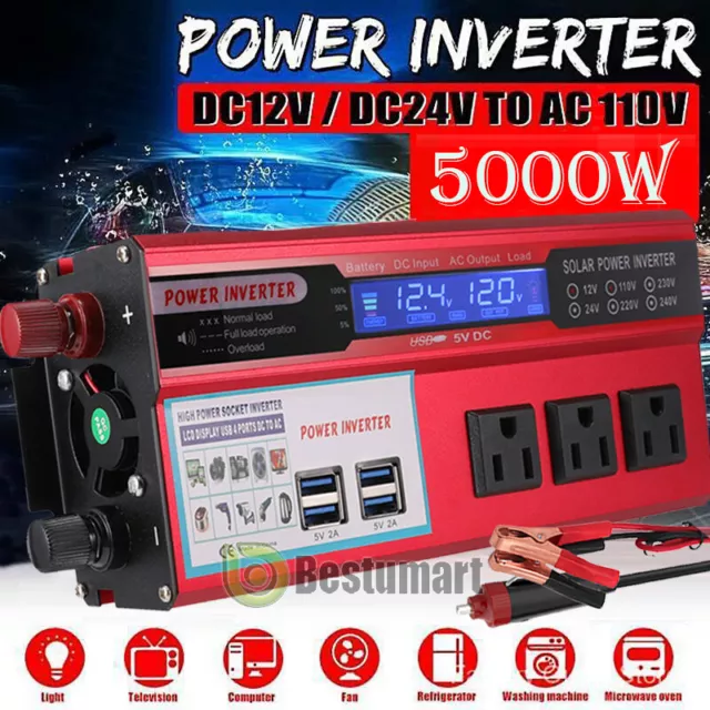 Caravan Car Power Inverter 5000W DC 12V 24V to AC 110V Pure Sine Wave Converter