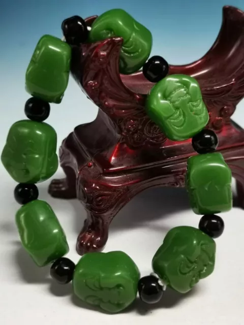 .Chinese Exquisite Spinach Green Jade Hand Carved Maitreya Bead Bracelet R20