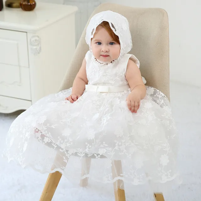 Baby Embroidery Lace Baptism Dress Blossom Christening Birthday Gown with Bonnet