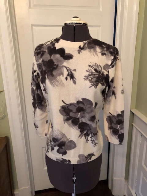 Talbots 100% Cashmere Ivory and Grey Floral Patterned Pullover Sweater, Size M