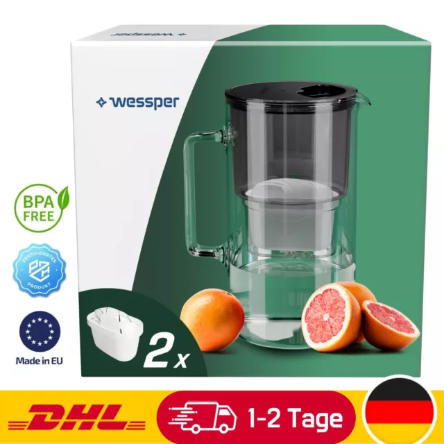 Glas Wasserfilter Wessper schwarz mit 2x Filterkartuschen KANNE & WASSERFILTER