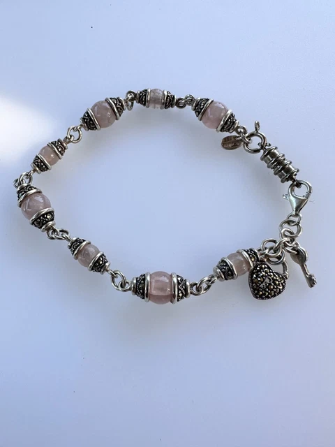 925 Sterling Silver Marcasite & Rose Quartz Gem Locket Heart & Key Bracelet 8.7"
