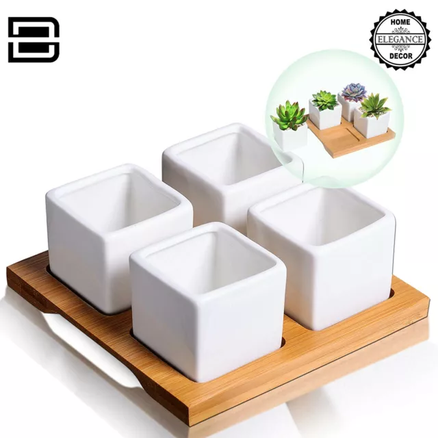 Mini Ceramic Succulent Planters, 4 White Square Pots w/Holes, w/ Bamboo Tray