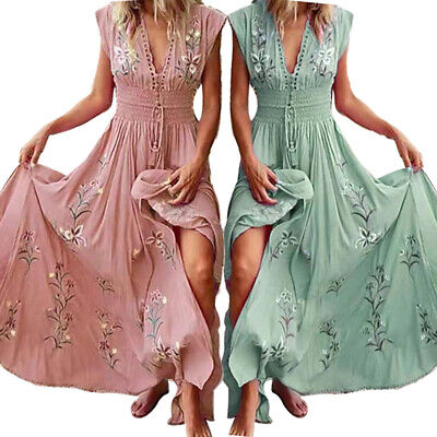 Plus Size Women Boho Floral Long Maxi Dress Ladies V Neck Beach Sundress Holiday