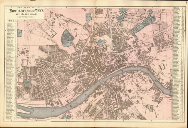 1881 Mano Colorato Mappa ~ Newcasle & Gateshead Strada Nome Index Edifici Rail