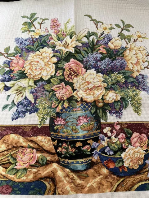 completed finished cross stitch Large Oriental Vase 19''x 21'' Unframed New