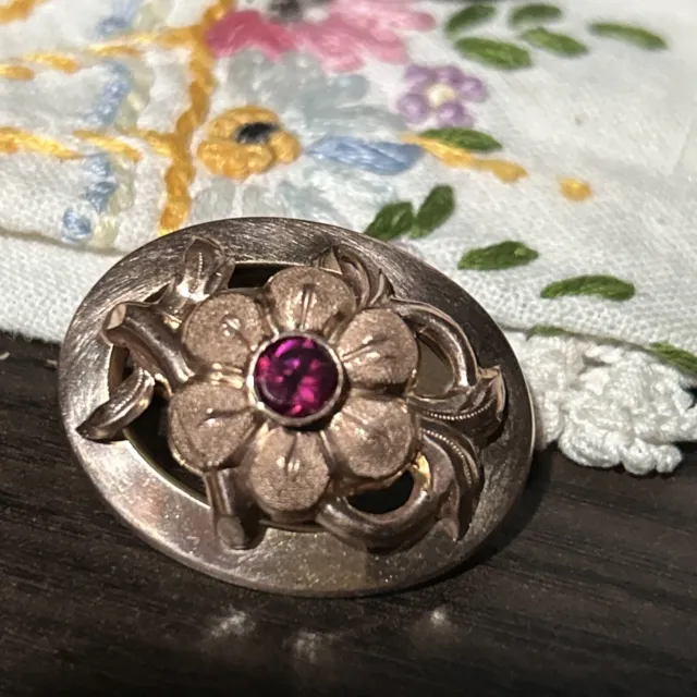 Vintage Art Deco French Stamp Domed Pin Brooch Rose Gold Fill Flower Red Stone