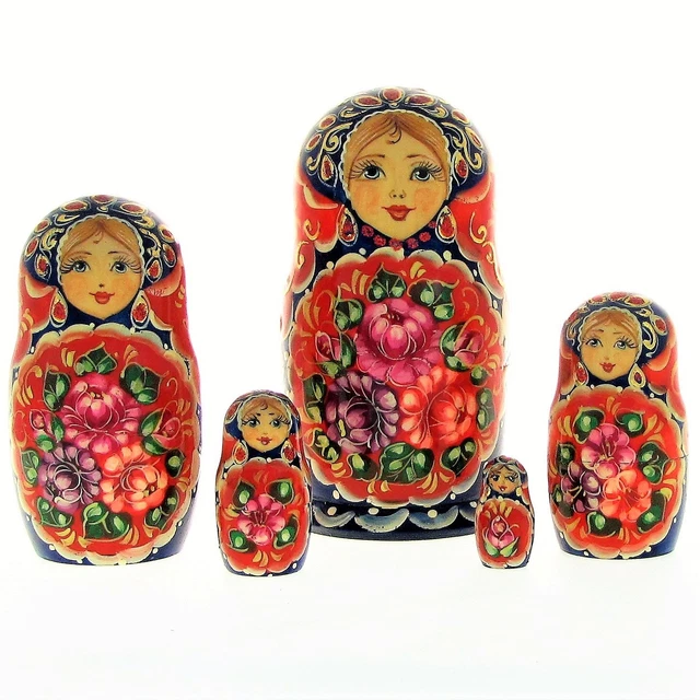 5 Poupées russes H19 peint main signé Matriochka Nested Doll Matrioshka
