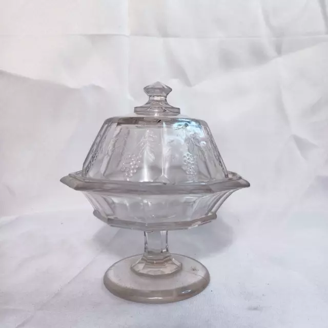 Vintage Glass Compote Pedestal with Lid Grape Pattern