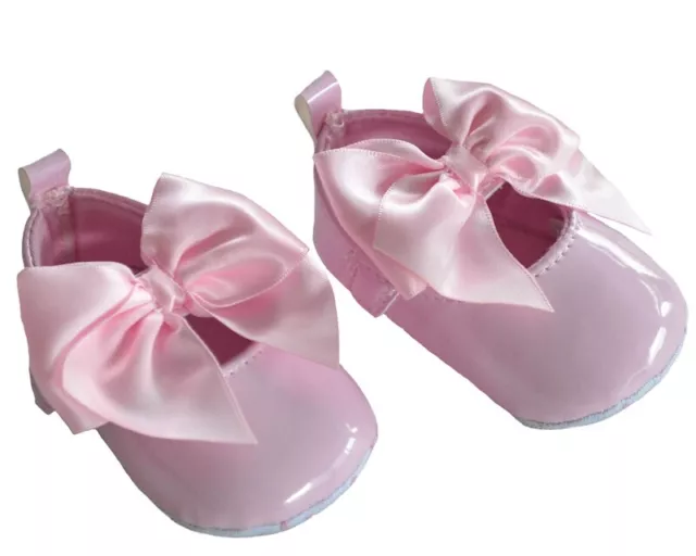 Baby pram shoes girls pink patent with bow Soft Touch 0-3 3-6 6-12 months