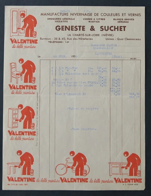 1939 invoice VALENTINE LA CHARITE-SUR-LOIRE painted painter illustrated paint 52
