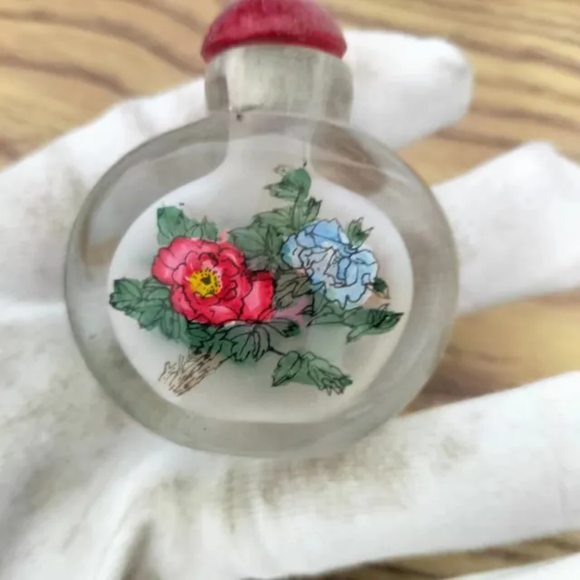 55MM Collect Chinese Inside Painting Glass Tree Peony Flower Snuff Bottle