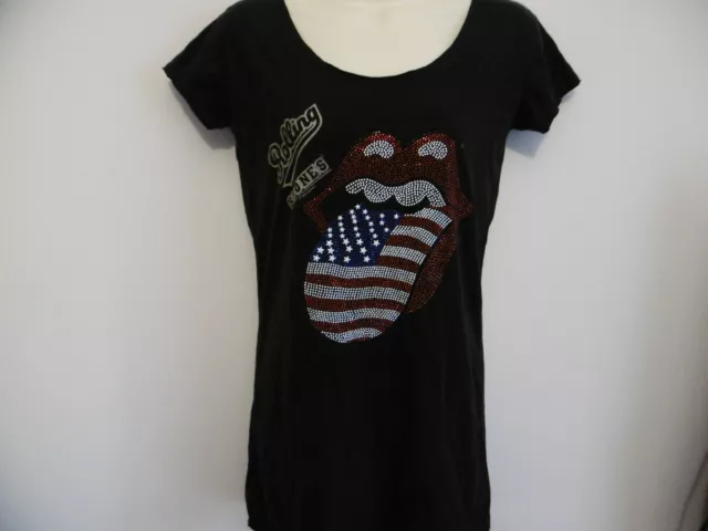 *New* Amplified Rolling Stones Usa Flag Diamante T Lick Grey Hip Length Top S M