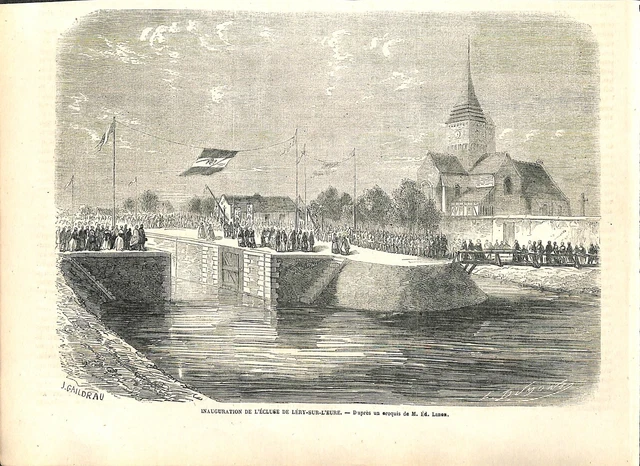 Inauguration de l'écluse de Lery-sur-l'Eure Normandie France GRAVURE PRINT 1863