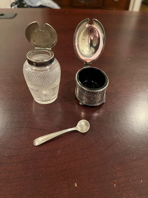 Cut Glass Condiment and Electroplated Mustard with Silver Spoon