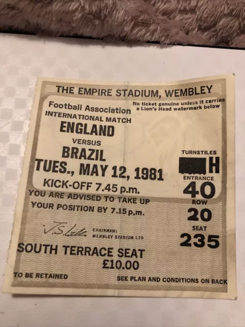 England V Brazil Friendly International 12th May 1981..Match Ticket