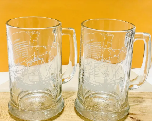 Vintage 2 New THE PINTA Ship Etched Glass Columbus Voyage Nautical Beer Mugs