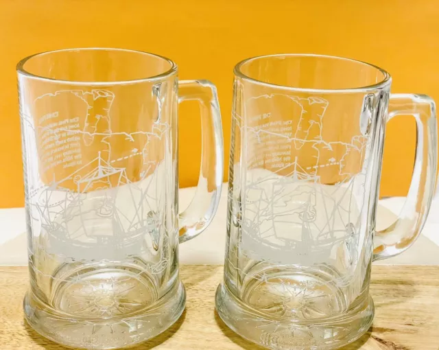 Vintage 2 New THE PINTA Ship Etched Glass Columbus Voyage Nautical Beer Mugs