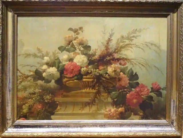 Fine Huge French 19th Century Flowers Still Life Master Antique Oil Painting