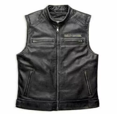 Harley Davidson Men's Genuine Leather Black Biker Vest Jacket Moto Cafe Racer