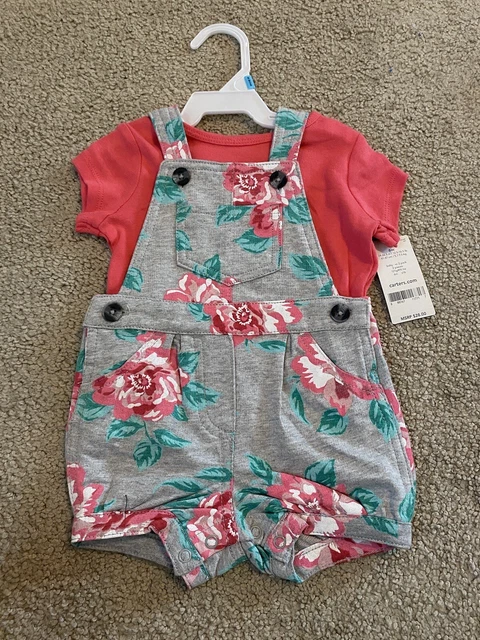 NWT carters Infant Girls 6M 2 Piece Gray Floral Romper Red/pink Shirt $28