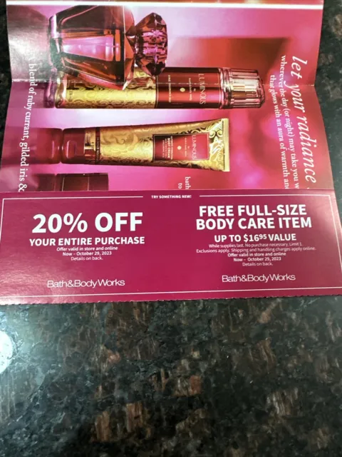 Bath & Body Works 2 Coupons 20% Off Store/free SullBody Care Items exp Oct 29