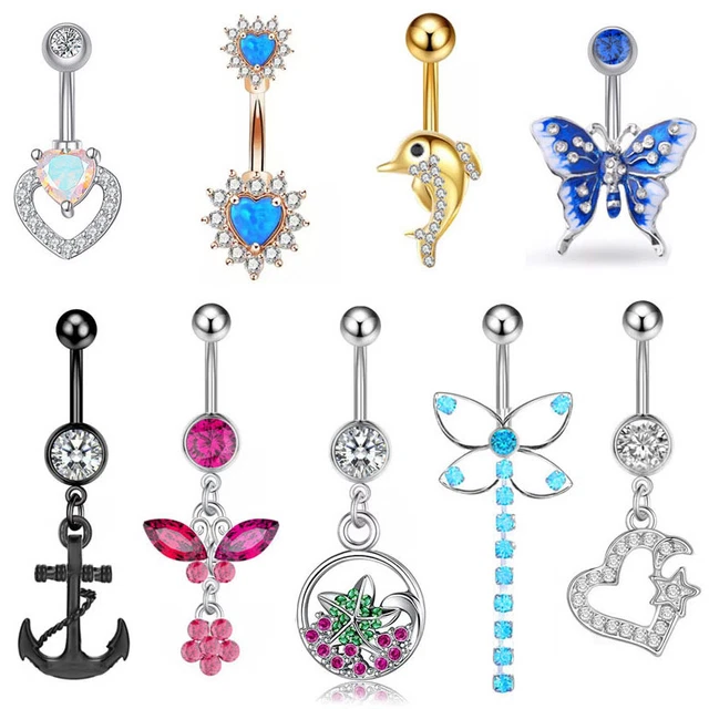Anillos colgantes de circón ombligo corazón mariposa anillo perforación joyería q