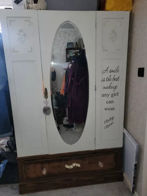 Antique Edwardian wood wardrobe, drawer, 2x clothes rails, oval mirror