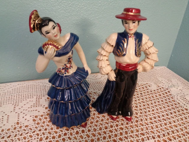 VINTAGE 1940's CERAMIC ARTS STUDIO SPANISH FLAMINGO DANCERS COLBALT OUTFITS