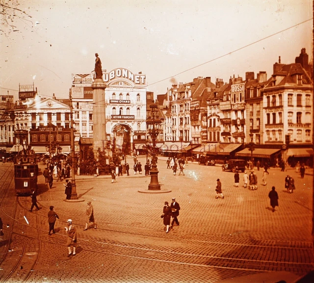 FRANCE Lille La Grand'Place c1930 Photo Stereo Glass Plate Vintage 