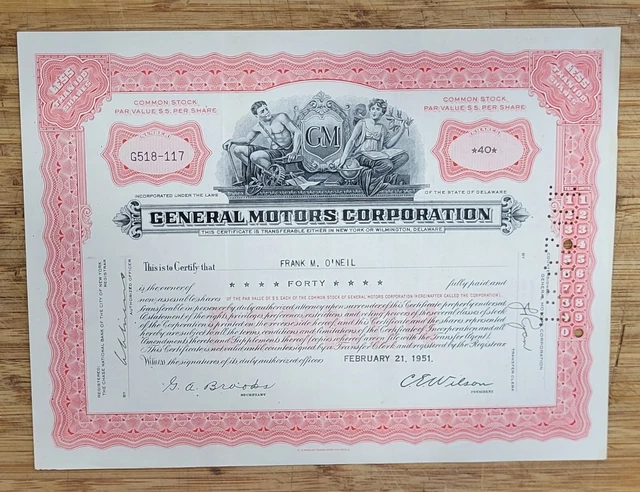 Stock Certificate General Motors Less than 100 Shares Pink