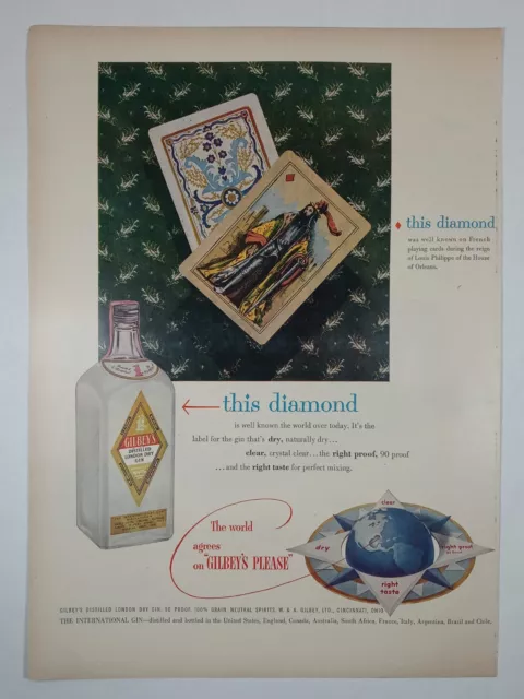 1950's GILBEY'S London Dry GIN Poker Playing Cards Colorful Vintage Print Ad