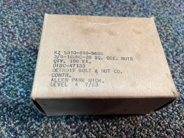 3/8-16 Square Nuts, Box of 100, NOS. Detroit Bolt and Nut Company
