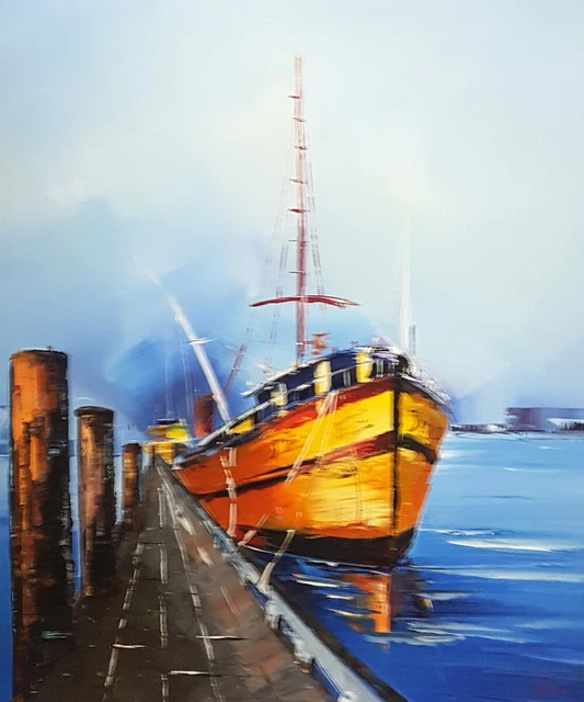 tableau peinture à l'huile sur toile, BATEAU DE PECHE AU PORT, peinture marine