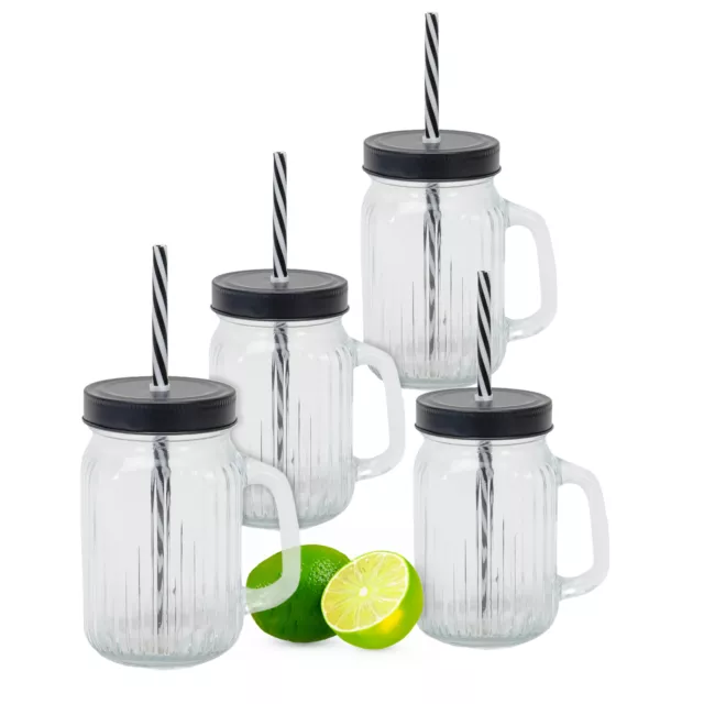 Trinkglas 450 ml mit Strohhalm + Deckel - 4er Set - Schraub Deckel Trink Glas
