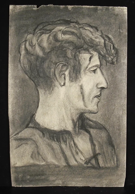 Grand Dessin Au Fusain XIXe Siècle Portrait Jeune Homme - École Française, 45x28 Cm