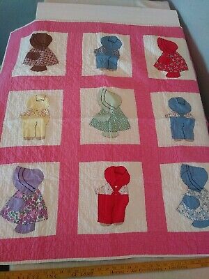 Little girl and boy hand stitched quilt 42X42 9 Square Quilt Excellent! 1940's