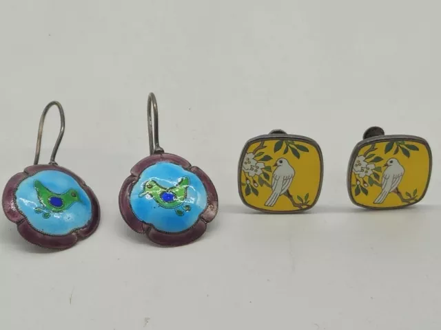 Vintage Estate Birds Enamel And Cloisonne Earrings Two Pair One Marked Silver