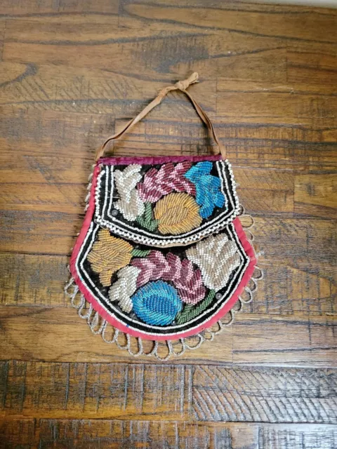 Vintage c.1860s Native American Iroquois Beaded Floral Purse Bag 7" x 7" 2