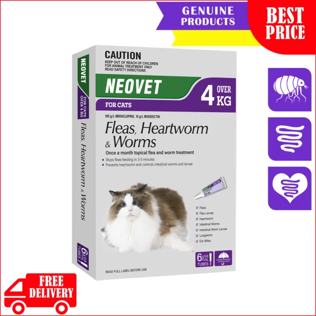Neovet 6 Pipettes for Cats Over 4 Kg PURPLE Flea Heartworm Worm Treatment