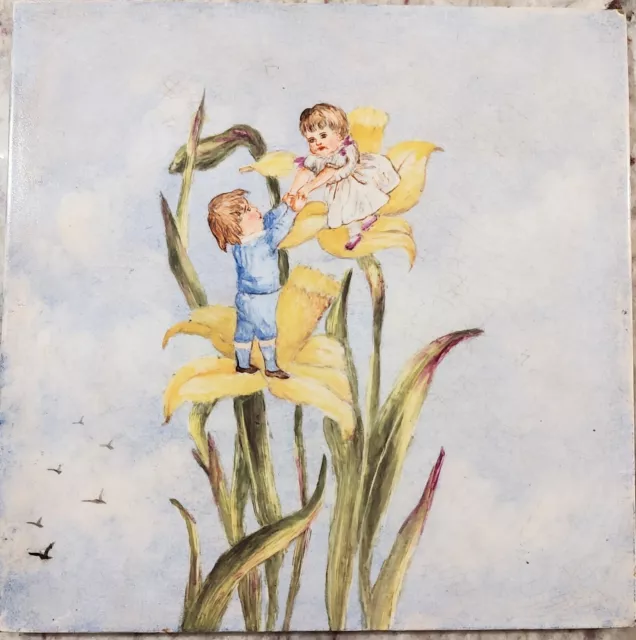 Mintons China Works Stoke Trent Trivet Tile Children Daffodil Boy Girl Vintage