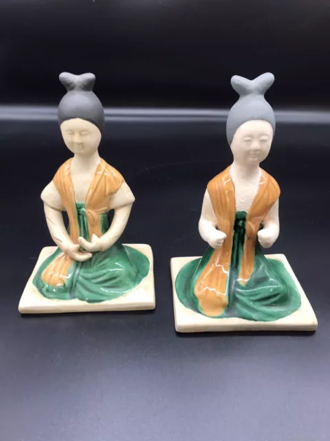 Vtg 2 Tang Chinese Clay Pottery Lady Musician Statues w/ Yellow Sancai Glazes