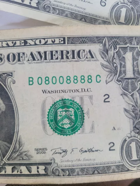 B 08008888 C Radar, Binary, Quad Repeater One Dollar Bill Fancy Serial Number